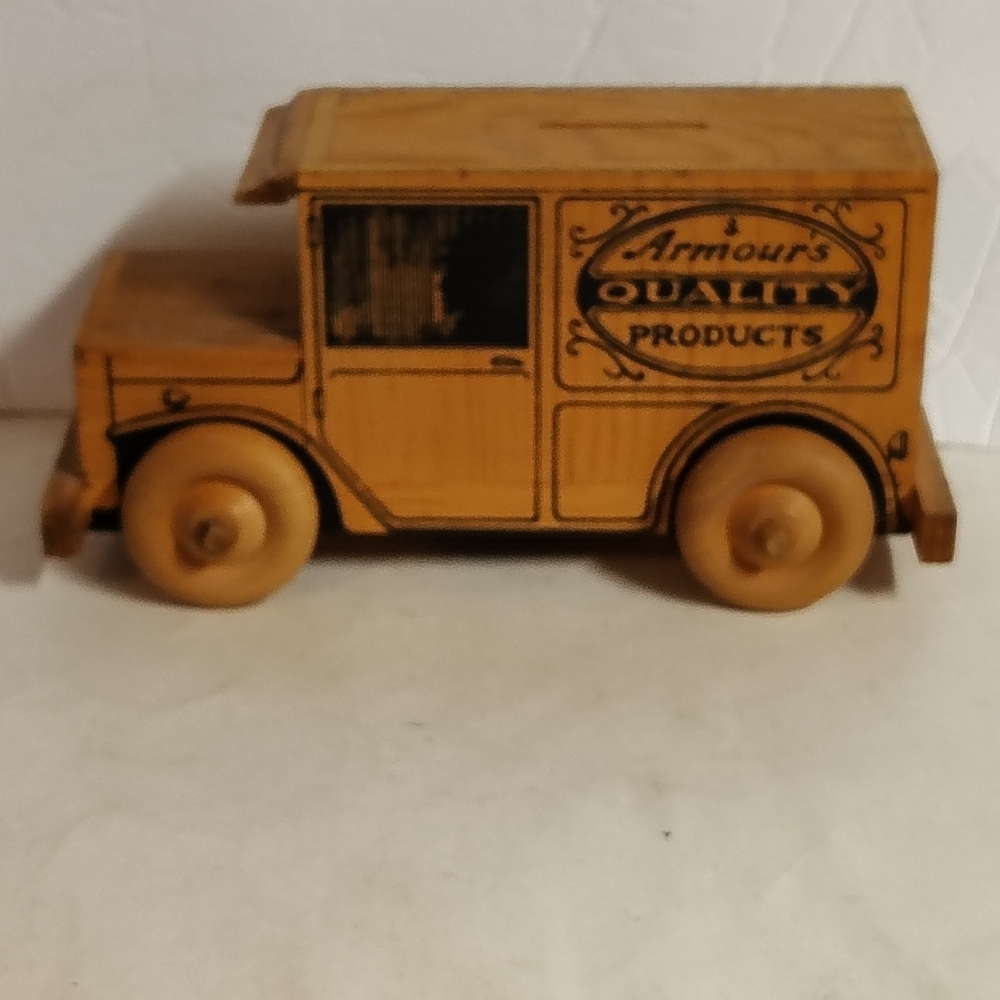 Armour Wood Toy Truck Bank Moving Wheels Vintage Quality Products 8"